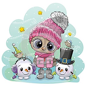 Cartoon Owl in a pink hat and scarf with two snowmen