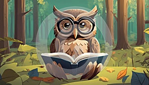 A cartoon owl reading a book