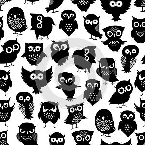 Cartoon owl seamless pattern. Black cute night birds texture photo