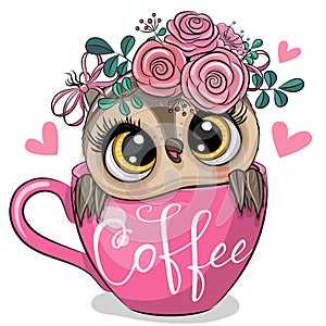 Cartoon owl is sitting in a Cup of coffee