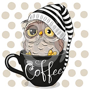 Cartoon owl is sitting in a Cup of coffee