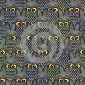 Cartoon owls seamless textural pattern Watercolor funny birds illustration Illustrated animal dark background Cute owl print
