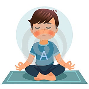 Cartoon pacified boy sits on yoga mat in a lotus position, crossing his legs and folding his fingers in a yoga gesture. Kids yoga