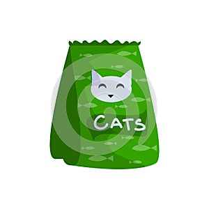 Cartoon package with cat food. Domestic animals meal. Green bag for feline feed. Pets nutrition template. Isolated