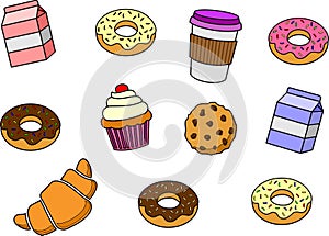 Cartoon packet, coffee, milk, donuts, and cookies with liner photo