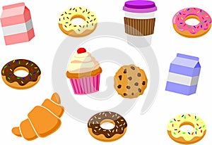 Cartoon packet, coffee, milk, donuts, cookies without outline photo