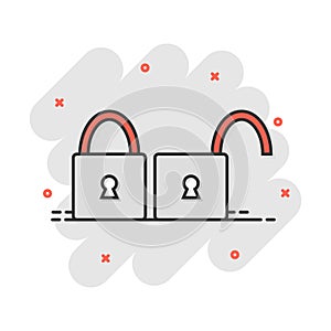 Cartoon padlock icon in comic style. Lock, unlock illustration pictogram. Locker sign splash business concept