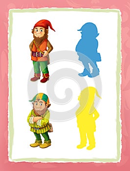 Cartoon page with medieval characters different dwarfs game with shapes
