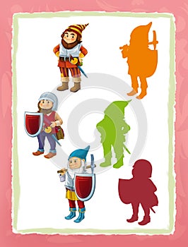 Cartoon page with medieval characters different knight dwarfs game with shapes