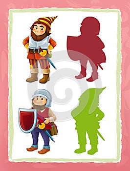 Cartoon page with medieval characters different knight dwarfs game with shapes