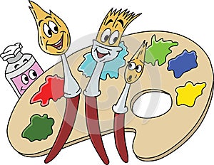Cartoon paint brush characters smiling and posing in front of an artist`s palette vector illustration