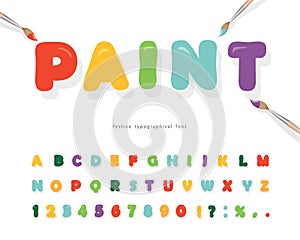 Cartoon paint font for kids design. Bright colorful ABC letters and numbers. Funny hand drawn alphabet. For posters