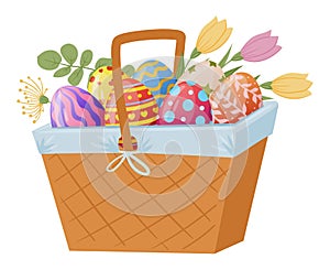 Cartoon painted Easter basket. Spring holiday easter eggs in wicker basket flat vector illustration