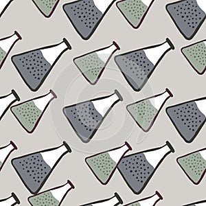 Cartoon pale seamless pattern with doodle flask ornament. Grey and light purple palette medicine artwork