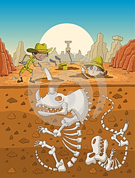 Cartoon paleontology kids working on excavation.