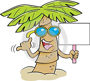 Cartoon palm tree wearing sunglasses and holding a sign.