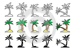 Cartoon palm trees. Palm trees icon set. Vector illustration isolated on background.