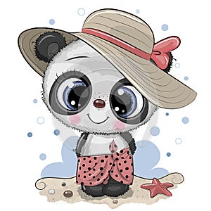 Cartoon Panda on the beach in a straw hat