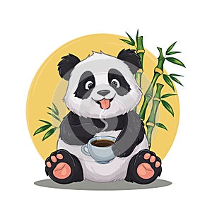 A cartoon panda bear is sitting with cup of coffee