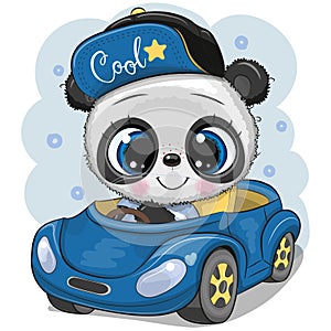 Cartoon Panda boy in a cap goes on a Blue car