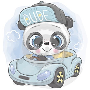 Cartoon Panda boy in a cap goes on a Blue car
