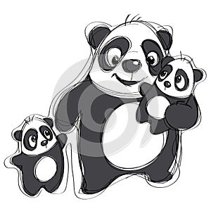 Cartoon panda family in a naive childish drawing style