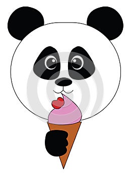 Cartoon panda holding a cone ice cream topped with a strawberry, vector or color illustration