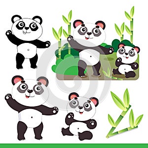 Cartoon panda with little cub and bamboo or sugar cane. Animals. Zoo. Colorful vector illustration set for kids