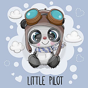 Cartoon Panda in a pilot hat on a blue background photo