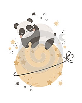 cartoon panda, planet, decorative elements. flat style