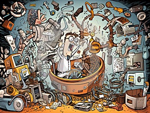 A cartoon of a panic man in a room full of junk. AI generative image