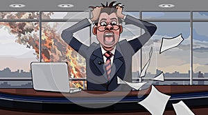 Cartoon panicking man in the office of a skyscraper whose window is on fire