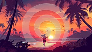 Cartoon panorama sunrise nature illustration of a runner girl on a palm road at sunset. Tropical summer landscape modern