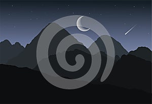 Cartoon panoramic view of mountain landscape and valley for winter or summer night under dark gray sky with stars, crescent moon a