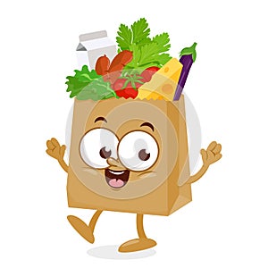 Cartoon paper bag character with groceries. Food in a shopping bag. Supermarket food products. Vector illustration