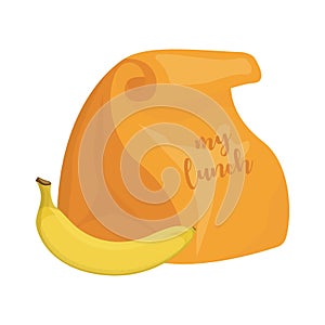 Cartoon paper lunchbag and banana, vector illustration