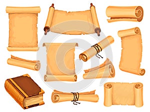 Cartoon parchment paper and magic book for fantasy game. Ancient wizard scrolls. Old papyrus, medieval treasure maps and