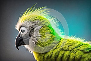 A cartoon parrot with bright green feathers and a yellow beak.