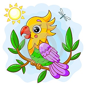 Cartoon parrot on a tree branch. Vector illustration