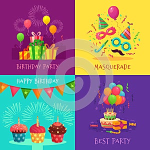 Cartoon party invitation cards. Celebration carnival masks, birthday party decorations and colourful cupcakes vector