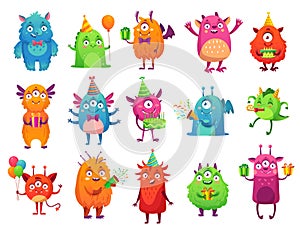 Cartoon party monsters. Cute monster happy birthday gifts, funny alien mascot and monster with greeting cake vector