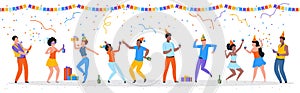 Cartoon party people. Trendy happy dancing group of men and women with party hats, confetti and drinks. Vector birthday