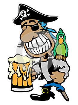 Cartoon Partying Pirate Drinking Beer with Parrot and Peg Leg Isolated Vector Illustration