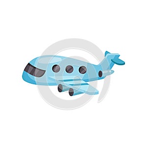 Cartoon passenger airplane. Small blue plane with jet engines. Flat vector for mobile game or advertising poster of