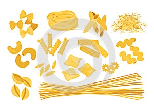 Cartoon pasta. Doodle macaroni. Italian different types of wheat food. Delicious farfalle or spaghetti. Isolated