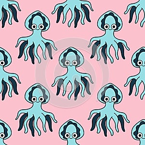 Cartoon pastel blue octopuses on pink seamless pattern vector