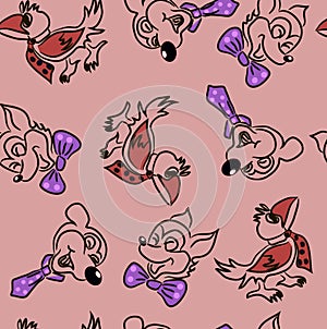 Cartoon, pattern, background, drawing, illustration, crow, funny, mouse, funny, seamless, material, decoration. pink, tie, bow tie