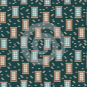 Cartoon pattern design exterior walls of the house with windows. Background with window frames in a doodle circle