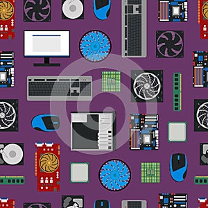 Cartoon PC Components Seamless Pattern Background. Vector