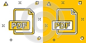Cartoon PDF icon in comic style. Document illustration pictogram. File sign splash business concept